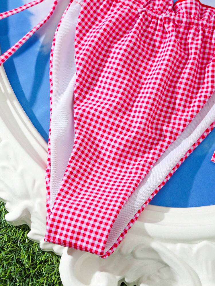 Women's Butterfly Decor Plaid Halter Strap Separated Bikini Set, Perfect For Beach Vacation Summer Beach