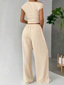 SHEIN EZwear 女式純色紋理褶皺修身短上衣和寬腿褲兩件套裝，適用於度假和休閒 - 杏色 - 查看 5