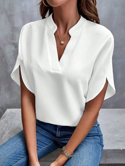 SHEIN LUNE Women Solid Color Simple Irregular Neckline Blouse