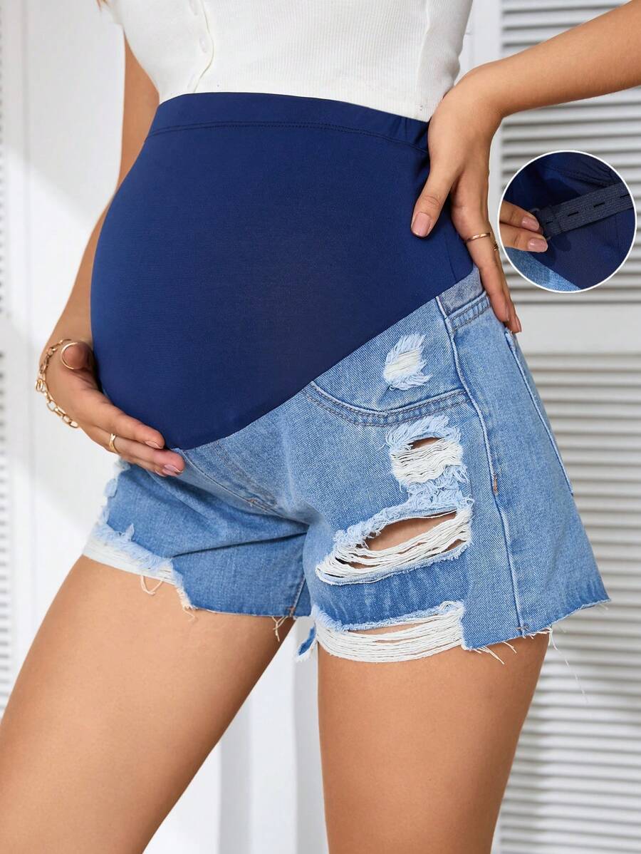 SHEIN Pregnant Women Elastic Patchwork Ripped Denim Shorts, Spring Summer For Maternity - Medium Wash - View 1