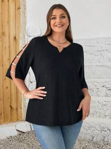 EMERY ROSE Plus Size Summer Glitter Mesh Panel Split Sleeve Black T-Shirt - Black - View 1