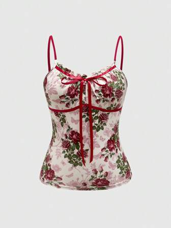 Fairycore Débardeur court pour femme à imprimé floral et nœud en ruban