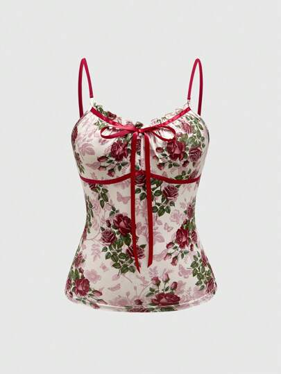 Fairycore Women Cropped Floral Print Ribbon Bow Tank
