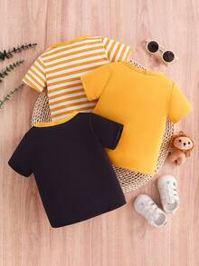 Ensemble de 3 pièces de t-shirts décontractés pour garçons bébé avec impression de chat orange et rayures de tigre orange - Multicolore - Voir 2