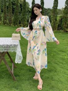 DAZY Women Full Floral Printed Long Sleeve Dress Sundress, Fall Dress Vacation Outfits Women Easter Dress Boho - Green - View 2