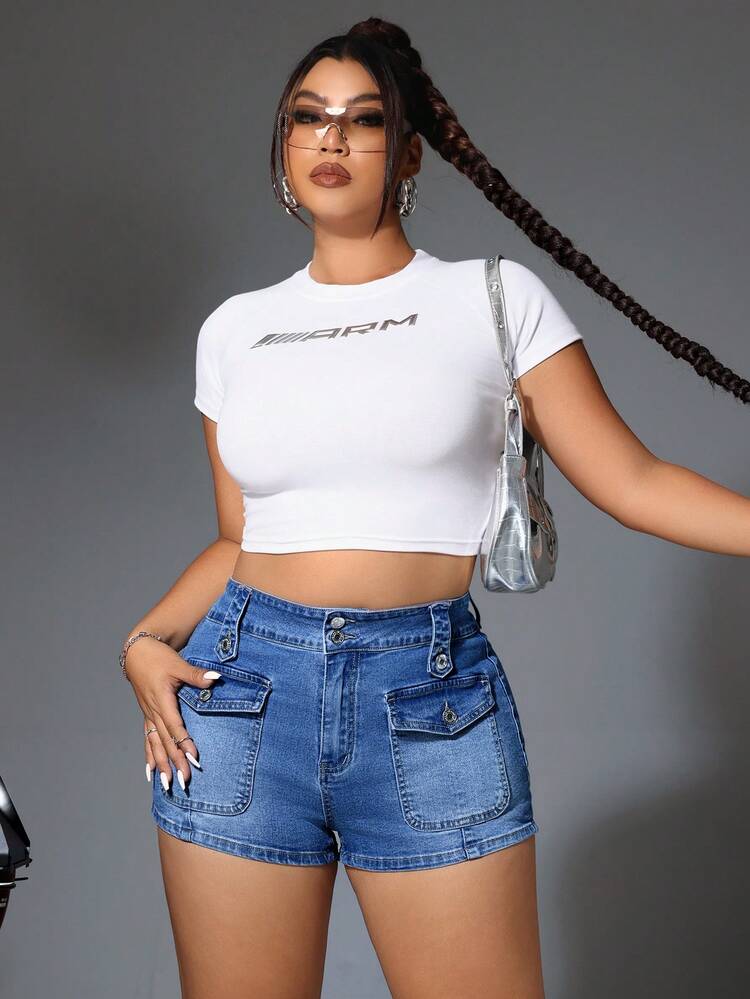 Plus Size Solid Color Elastic Water Wash Denim Shorts With Pockets And Buttons