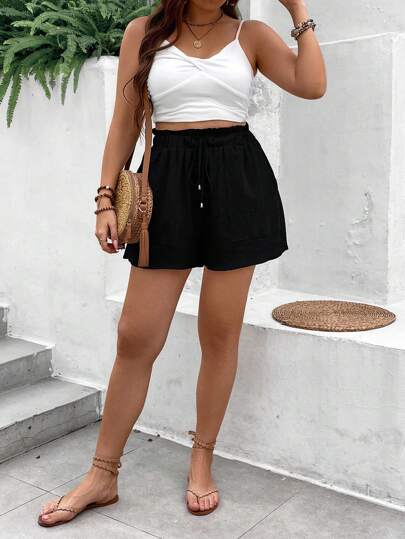 Linhara CURVE Plus Size Vacation Casual Solid Color Paper Bag Waist Shorts