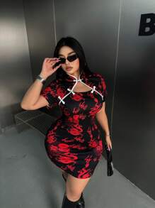 Flirla Vestido de verano con mangas cortas y estampado de dragón de bloques de color para mujer de talla grande