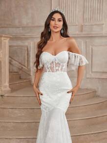SHEIN Belle Elegant, Gorgeous And Sexy Off-Shoulder Off-Shoulder Ruffled Sleeves, Patchwork Stretch Lace Details, Paired With A Classic French Sheer Lace Top, With Herringbone Breast Cups And Matching Fishnet Tulle Lace Mermaid Dress, Suitable For Weddings, Festivals, Proms, Bachelorette Parties, Extra-Long Tail Wedding Dresses White Bridal Dress