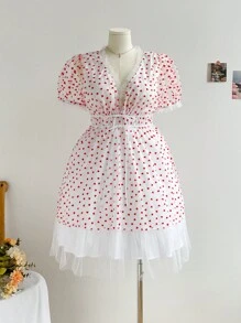 Soleia Women Plus Size Heart Print Mesh Splice Dress - Red and White - View 1