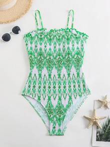 SHEIN Swim Summer Beach Women Holiday Random Printed Bandeau Tie-Dye One-Piece Swimsuit With Ruffles And Slim Fit - Green - View 4
