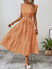 SHEIN LUNE Women Summer Solid Color Stand Collar Cap Sleeve Dress With Flounce Hem - Coral Orange - View 5