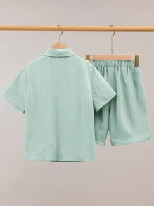 SHEIN 男童宽松休闲提花条纹衬衫和短裤两件套 - 薄荷綠 - 查看 2
