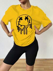 SHEIN VaVaLuxe Camiseta estampada solta com desenho animado e ombros caídos, camisetas gráficas femininas, tops - Amarelo - Ver 3