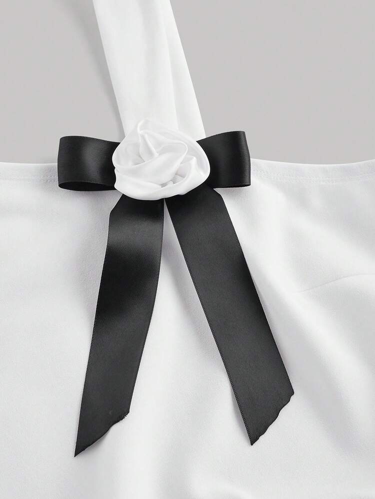 Plus Size Summer  White Cute Elegant Dress With 3D Flower, Bow Decorations And Asymmetric Neckline