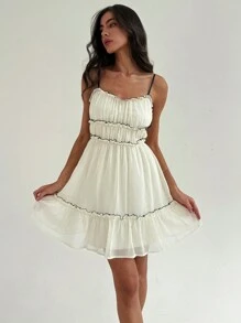 Aloruh Women Spaghetti Strap Chiffon Umbrella Dress With Color-Block Trim And Ruffled Hem, Beige - Beige - View 4