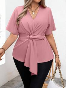 SHEIN Unity Plus Size Solid Color V-Neck Shirt With Belt And Asymmetrical Hem For Summer Peplum Top - Dusty Pink - View 5