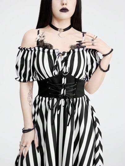Goth Black And White Striped Off Shoulder Patchwork Waistband Slim Fit Women Dress, 2 Pieces Style