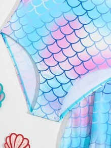 SHEIN 青少女人魚鱗紋印花連體泳衣，並帶有網眼裙罩 - 彩色 - 查看 4