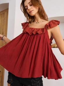 Bohemela Women Summer Flowy Vacation Top With Square Neckline, Sleeveless Design And Ruffled Hem - Burgundy - View 7