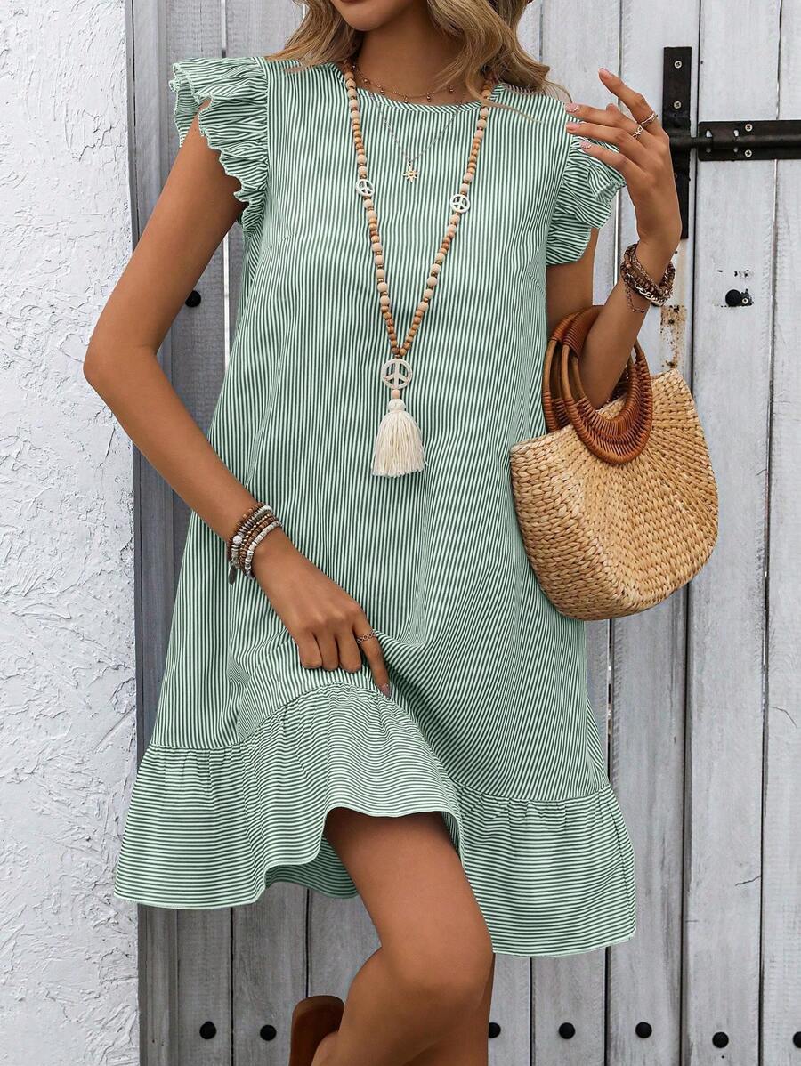 SHEIN LUNE Women Vacation Casual Striped Ruffle Hem Midi Dress - Green - View 1