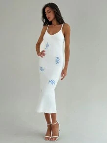 Aloruh Vestido de mujer con cuello en V, sin mangas y entallado con bordado y dobladillo largo, ideal para citas románticas