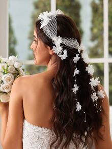 SHEIN Belle 1 Stück eleganter und luxuriöser Haarreif mit 3D Blumenmuster, Quasten und Perlen/Perlen Verzierung, geeignet für Hochzeit, Flitterwochen und Party Haarband, Turban Haarband, Stirnband - Weiss - Übersicht 9