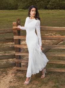 Anewsta White Gentle Romantic Elegant Deep V-Neck Backless Women Dress For Vacation - White - View 2