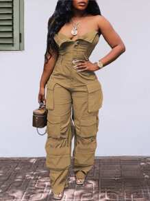 Mono informal de cintura elástica de unicolor con múltiples bolsillos - Camel - Ver 11