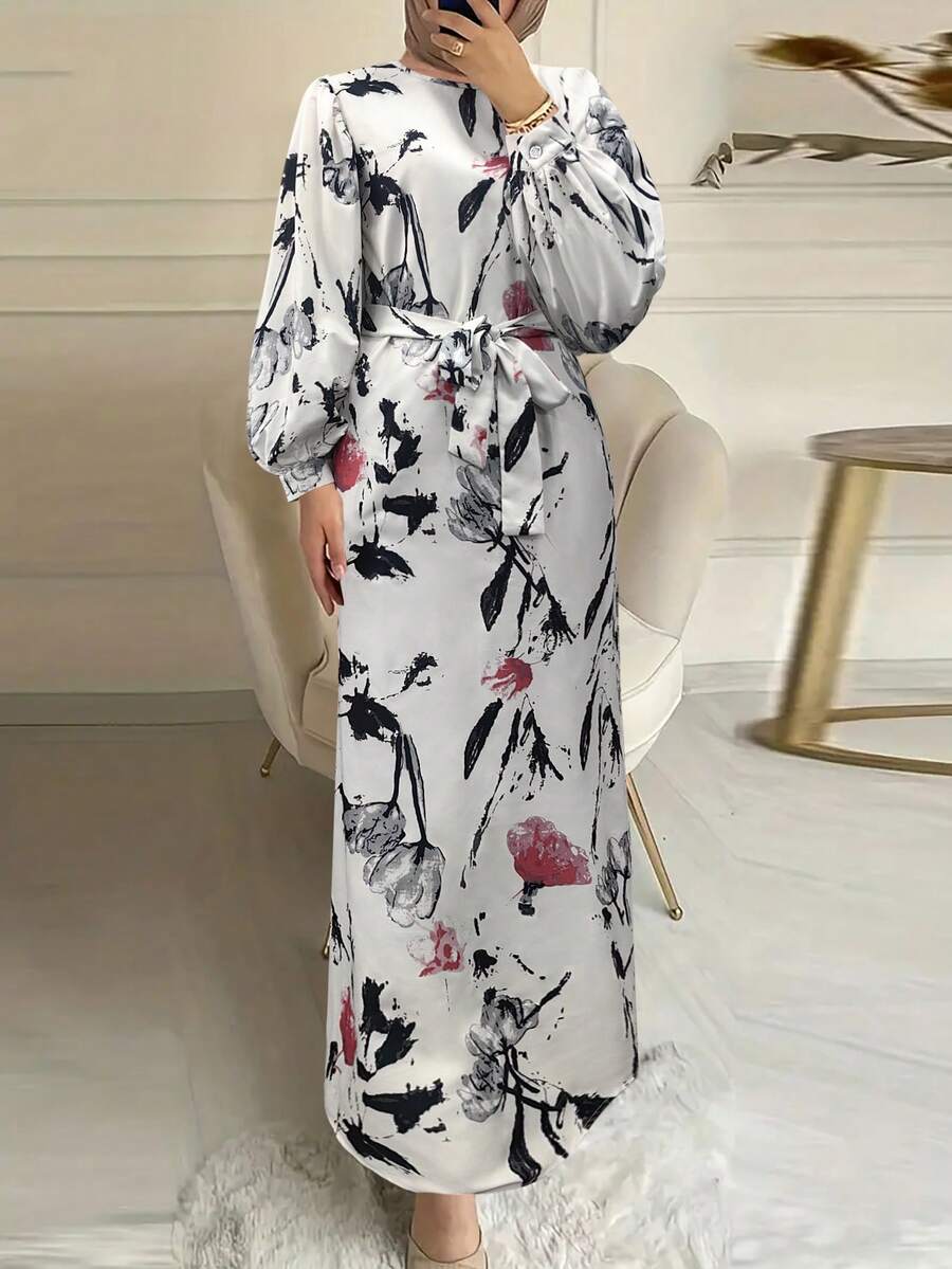 女士优雅花朵印花圆领长灯笼袖端庄连衣裙，春夏 - 彩色 - 查看 1