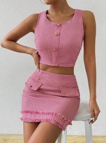 Chiquease Women Work Wear Single Breasted Sleeveless Top And Skirt Suit Set - Multicolor - View 7