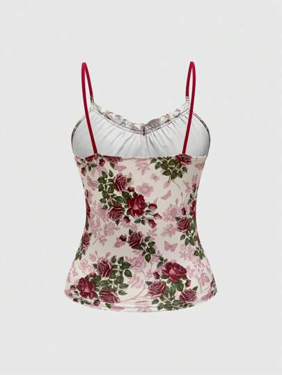Fairycore Débardeur court pour femme à imprimé floral et nœud en ruban