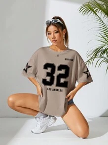 INAWLY 女士夏季宽松休闲 T 恤，带字母印花和落肩图案 T 恤女式上衣 - 卡其色 - 查看 5