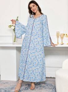 Al Najma Women's V-Neck Split Sleeve Casual Arabian Dress, Full Length Jalabiya, Casual Dress
