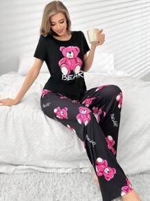 SHEIN Bộ đồ ngủ & áo thun in hình gấu bông siêu khổ Bộ đồ ngủ, kèm quần dài - màu đen - Xem 5