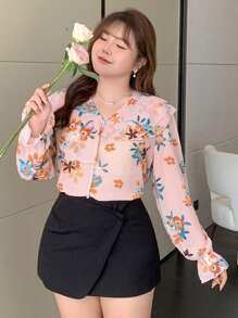 Dazy Petite Plus Plus Size Women Floral Print Long Sleeve Shirt,Ruffle Vacation Outfits Women - Pink - View 3