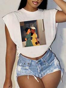 Zhen Liu Áo thun crop top dáng ôm cổ tròn in hình tối giản giản dị dành cho nữ, thích hợp cho mùa hè - trắng - Xem 1