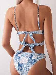 Ladies Vacation Floral Printed Cross-Strap Simple & Fashionable Bikini Set Summer - Multicolor - View 2