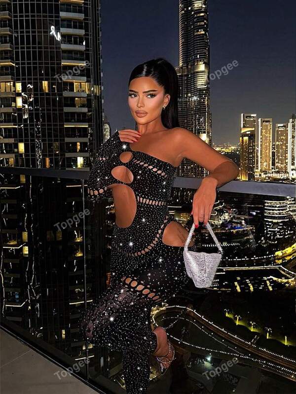 Women's Solid Color Asymmetric Neckline Hollow Out, Rhinestone Decor Sexy Bodycon Jumpsuit