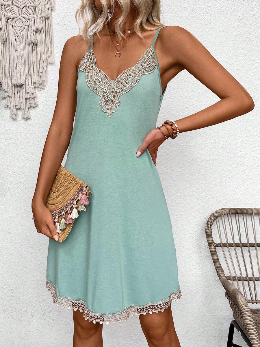 Breezaya Women Summer Lace Patchwork Spaghetti Strap Dress - Green - View 1
