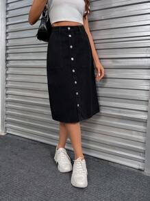 Women's Black Casual Versatile A-Line Button Down Skirt, Spring/Summer, Fit & Flare, Pocket Design, Suitable For Pride, 4th Of July, Teacher Outfits, Vacation Wear