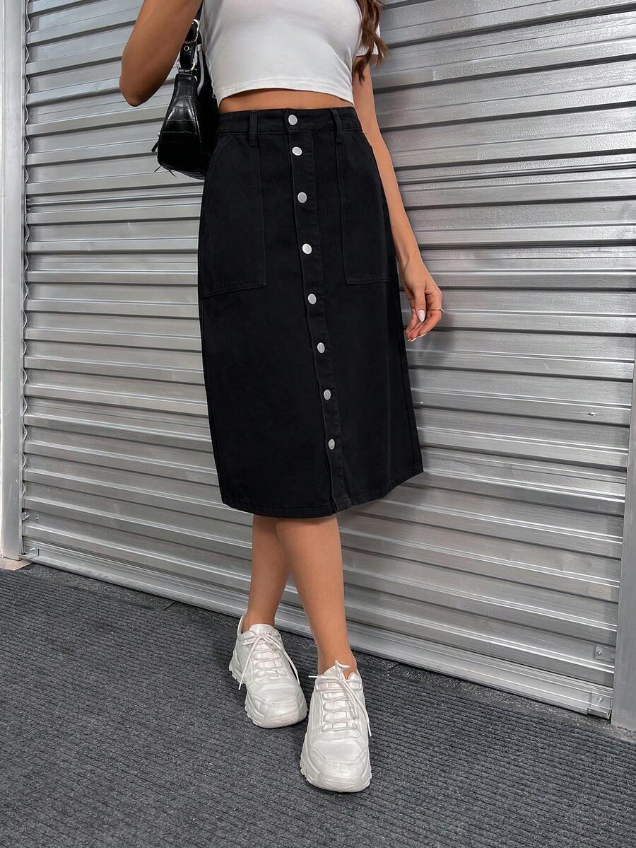 Women's Black Casual Versatile A-Line Button Down Skirt, Spring/Summer, Fit & Flare, Pocket Design, Suitable For Pride, 4th Of July, Teacher Outfits, Vacation Wear