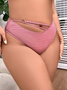 SHEIN Swim Curve 大尺碼夏季海灘游泳衣空心比基尼下褲，適用於游泳池 - 粉色 - 查看 5