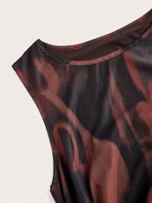 Celure 大尺碼圓領打摺全印花無袖夏季連衣裙