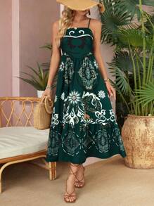 SHEIN VCAY Vestido estilo boho para mujer con dobladillo de volantes y estampado completo, ideal para verano y vacaciones - Multicolor - Ver 3