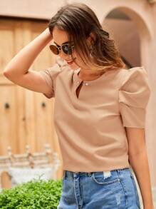 SHEIN Clasi Women Summer Solid Color Short Bubble Sleeve Elegant Shirt,Short Sleeve Tops - Camel - View 5