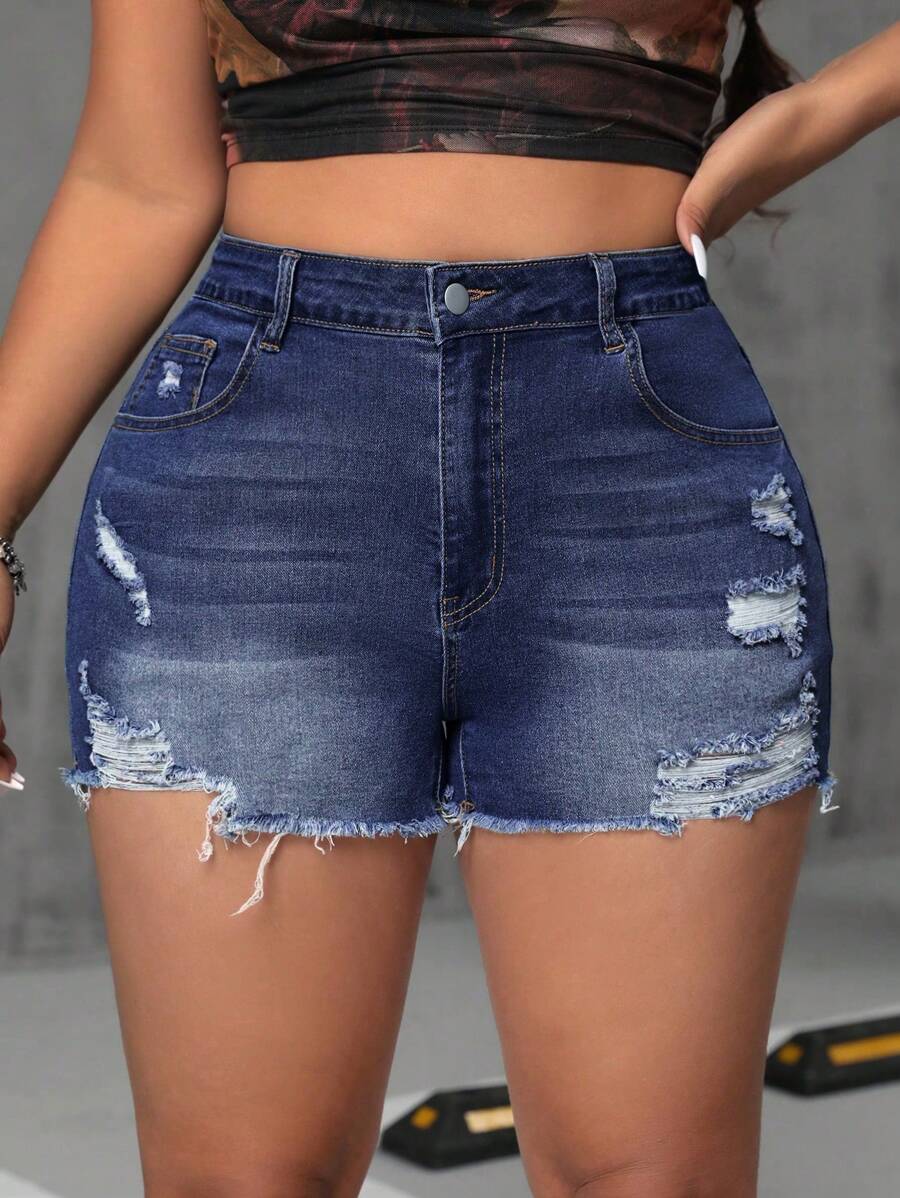 SHEIN ICON Plus Size Women Summer Simple Style Daily Denim Shorts - Dark Wash - View 1