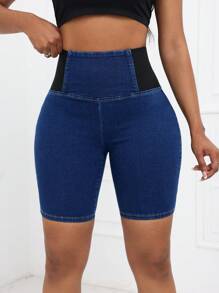 SHEIN SXY Quần short đi xe đạp denim lưng thun gợi cảm màu tương phản - Màu xanh lam - Xem 5