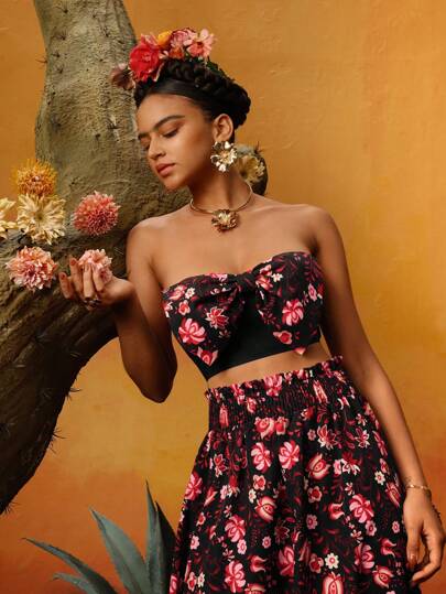 VALERIA GALIPOLI Frida Kahlo X SHEIN X Designer Women Floral Print Tube Top With 3D Bow Knot, Summer, For Summer, Holiday, Vacation, Going Out, Festival