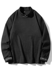 Manfinity Homme 男士 T 恤宽松立领落肩长袖休闲学院风春季涤纶 T 恤，秋季 - 黑色 - 查看 4